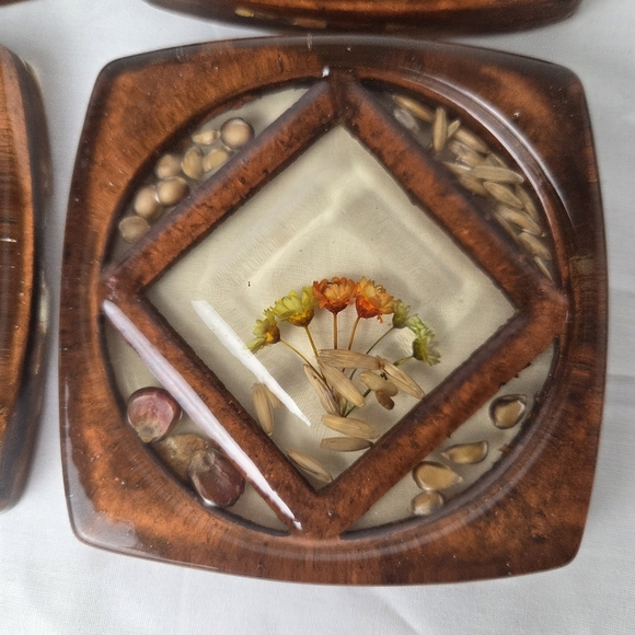 Vintage Resin & Wood Coaster Set | Botanical Inlay | Mid-Century Boho (Set of 4) - Picture 11 of 16